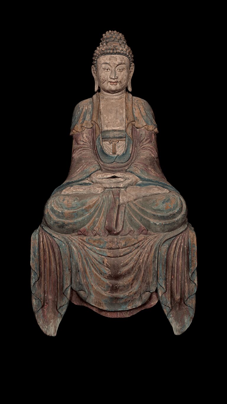 北宋 香樟木雕彩繪西方三聖阿彌陀佛坐像